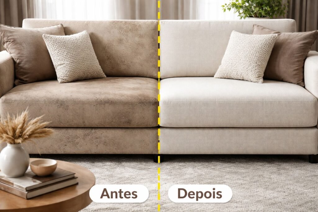 O que realmente sai do seu sofá durante uma limpeza profissional (e por que isso muda tudo) 1 O que sai do seu sofá durante uma limpeza profissional mostrado no antes e depois de um sofá de alto padrão após higienização profunda
