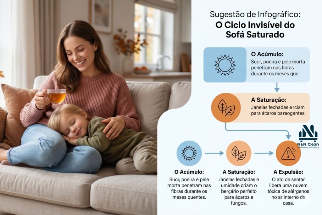 Limpeza de Estofados no Outono: Como Blindar Seu Refúgio Contra as Alergias da Estação 2 Ícone de um Sol/Verão: "O Acúmulo: Suor, poeira e pele morta penetram nas fibras durante os meses quentes."
Ícone de Folhas/Outono: "A Saturação: Janelas fechadas e umidade criam o berçário perfeito para ácaros e fungos."
Ícone de Alerta/Espirro: "A Expulsão: O ato de sentar libera uma nuvem tóxica de alérgenos no ar interno da casa."